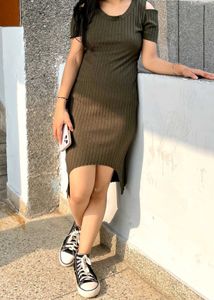Olive Ribbed Cold Shoulder Dress