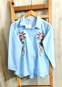 Sky Blue Embroidery Work Cotton Shirt Size-36