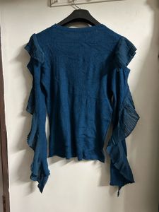 Stylish Blue Ruffle Sleeve Top