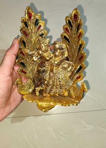 Metal Stone Radha Krishna Idol Statue with Diya fo