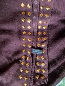 Luxury Brown Woolen Shawl with Gold Embellishments
