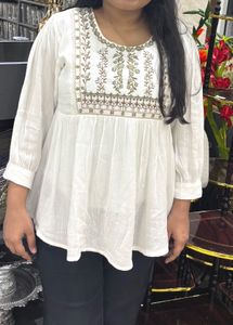 Embroidered White Top Short Kurti Size M
