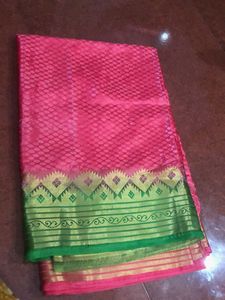 Peach/Pink & Green Saree With Stitched Blouse