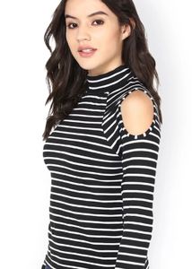 Black &amp; White Striped Cold-Shoulder High Neck Top