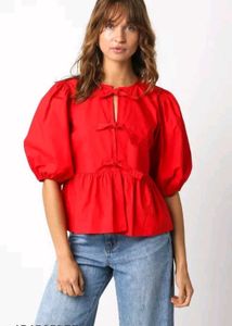 Red Peplum Tie-Front Top