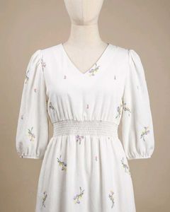 Floral Embroidered White Dress With Lining (Astar)
