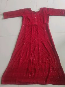 MAROON CHIKANKARI CAMBRIC COTTON GOWN