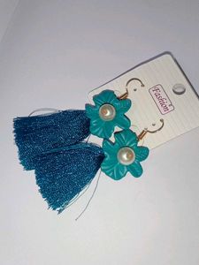 Korean Earring..Teal Flower Tassel Drop Earrings
