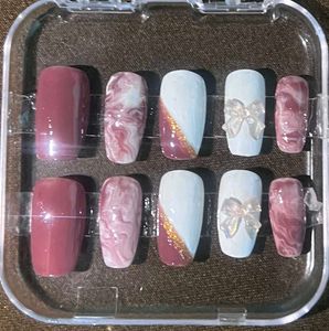Coffin Shaped Nails With French Tip , Marble , Bow