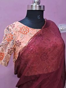 Elegant Maroon Saree with Blouse For Girls