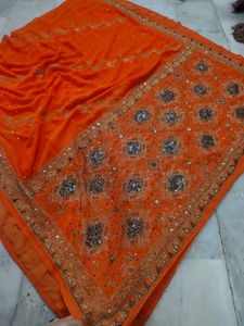 Orange aari tari work Saree 🔥