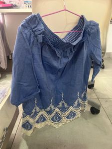 Blue Off-Shoulder Top with Lace