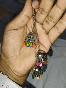 Silver Jhumka Earrings with Colorful Beads