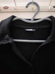 Black Ribbed Button-Down Top