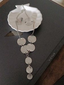 Silver Y Shape Coin Necklace Set With Earrings
