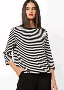 New White And Black Striped 3/4 Sleeve Top