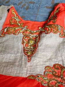 fluorescent  peach Embroidered party gown