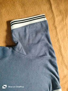 Blue Henley T-Shirt with Striped Trim