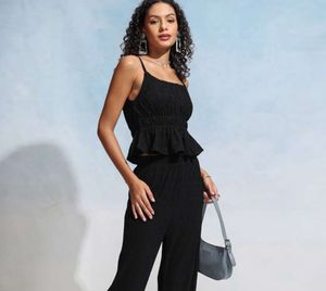 Black StripedShoulder Straps Neck Peplum Top🖤
