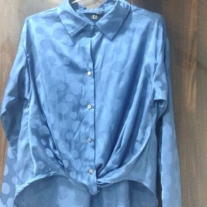 Blue Polka Dot Tie-Front Top