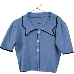 Korean Blue Cropped Cardigan Top