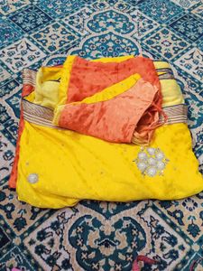 Yellow Sari with Gold Leaf Design