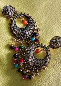 Antique Gold-Plated Chandbali Earrings with Multic