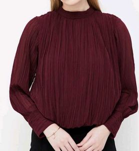 Burgundy Pleated Mock Neck Blouse Top
