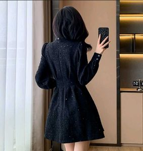 New Korean Puff Sleeves Navy Blue Dress