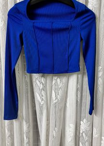 Blue Ribbed Square Neck Crop Top