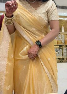Golden Saree With Stitched Blouse