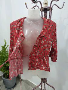 MNG Red Floral Wrap Top