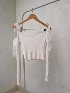 White Lace Shoulder Ribbed Knit Top