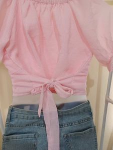 Pink Ruched Crop Top with Puffed sleeves🌷