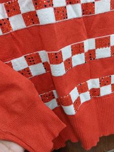 carrot red &amp; White Knit soft Sweater