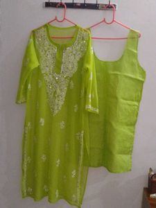 Parrot Green Chikenkari Kurta With Shameez