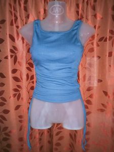 Sleeveless Drawstring Rib Crop top - Bijou Blue