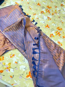 Navy Blue &amp; Gold Copper Mix Sari With Blouse