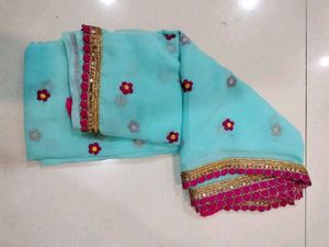 Turquoise Floral Embroidered Saree