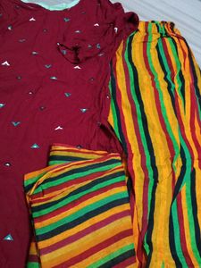 Maroon Kurta with Striped Palazzos And Duptta