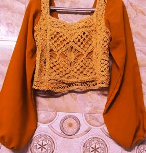 Crochet Detail Long Sleeve Crop Top