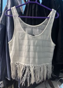H&amp;M Divided White Open Knit Fringe Hem Sleeveless