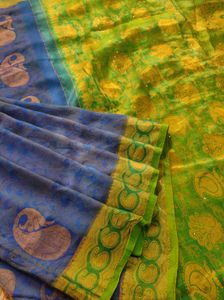 Royal Blue And Green Korvai Kanchipuram Silk Saree
