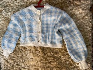 Blue Houndstooth Cropped Cardigan