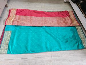 Teal &amp; Red Floral Saree