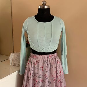 Light Blue Crop Top With Lilac Skirt