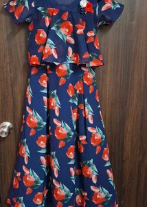 Navy Blue Floral Cold-Shoulder Layered Gown