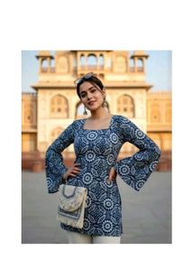 Blue Printed Flared Sleeve Kurti