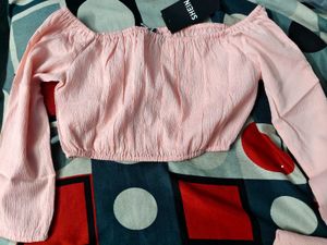 Off-Shoulder Textured Peach Crop Top with Skirt