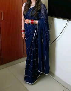 Designer Navy Blue And Silver Festive Net Saree..